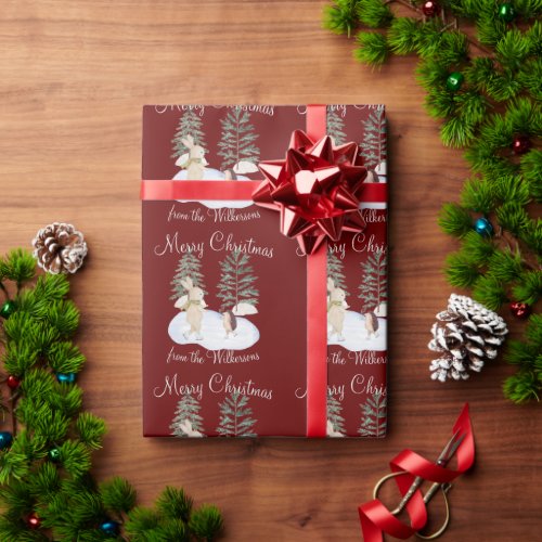 Watercolor Ice Skating Forest Animals on Burgundy Wrapping Paper