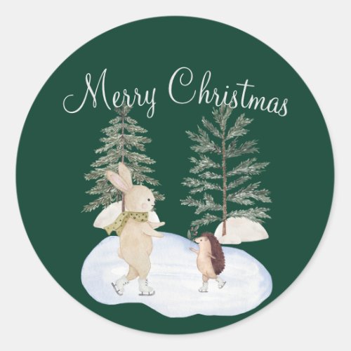 Watercolor Ice Skating Forest Animals on Green Classic Round Sticker