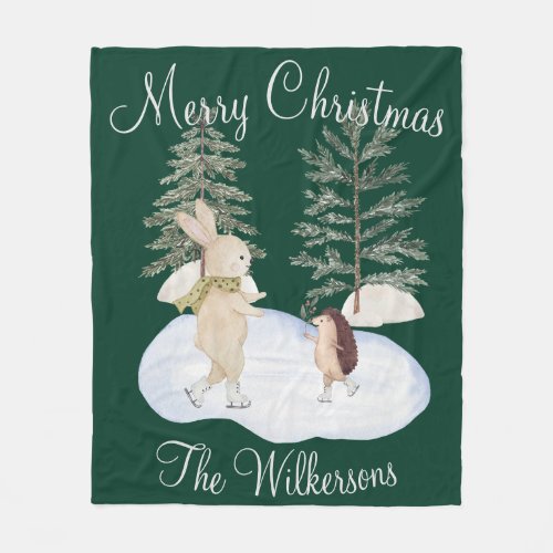 Watercolor Ice Skating Forest Animals on Green Fleece Blanket