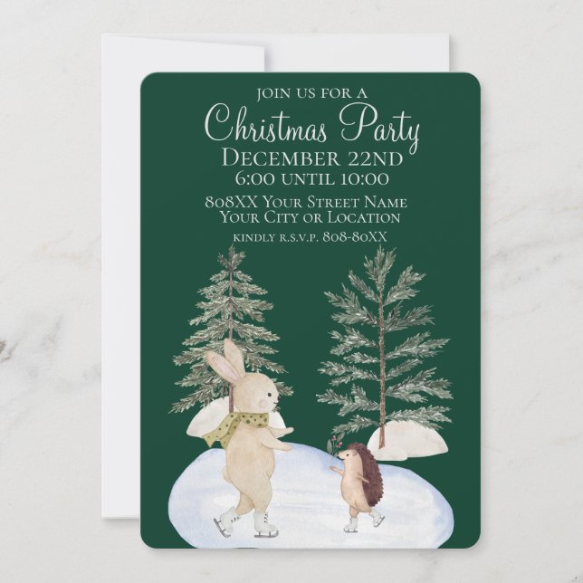 Watercolor Ice Skating Forest Animals on Green Invitation (Front)