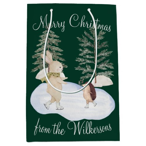 Watercolor Ice Skating Forest Animals on Green Medium Gift Bag