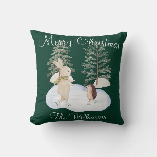 Watercolor Ice Skating Forest Animals on Green Throw Pillow