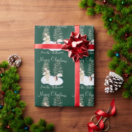 Watercolor Ice Skating Forest Animals on Green Wrapping Paper