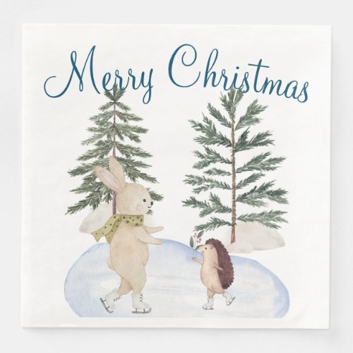 Watercolor Ice Skating Forest Animals Paper Dinner Napkins