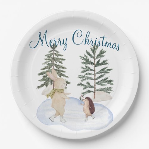 Watercolor Ice Skating Forest Animals Paper Plates