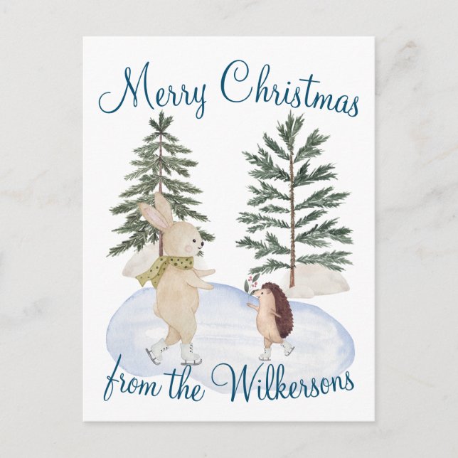Watercolor Ice Skating Forest Animals Postcard (Front)