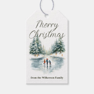 Watercolor Ice Skating on Frozen Lake Personalized Gift Tags