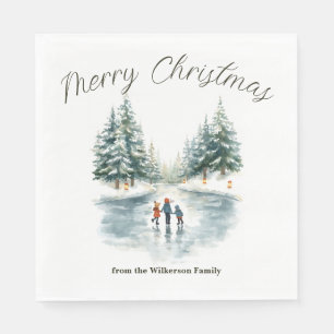 Watercolor Ice Skating on Frozen Lake Personalized Napkins