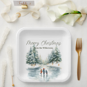 Watercolor Ice Skating on Frozen Lake Personalized Paper Plates