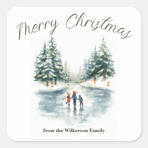 Watercolor Ice Skating on Frozen Lake Personalized Square Sticker