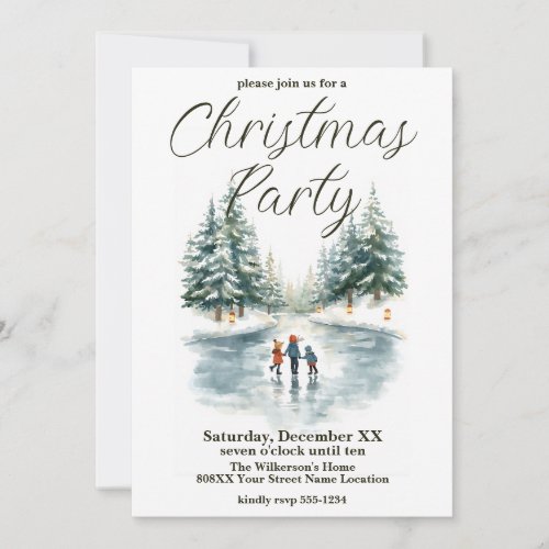 Watercolor Ice Skating on Frozen Winter Lake Invitation