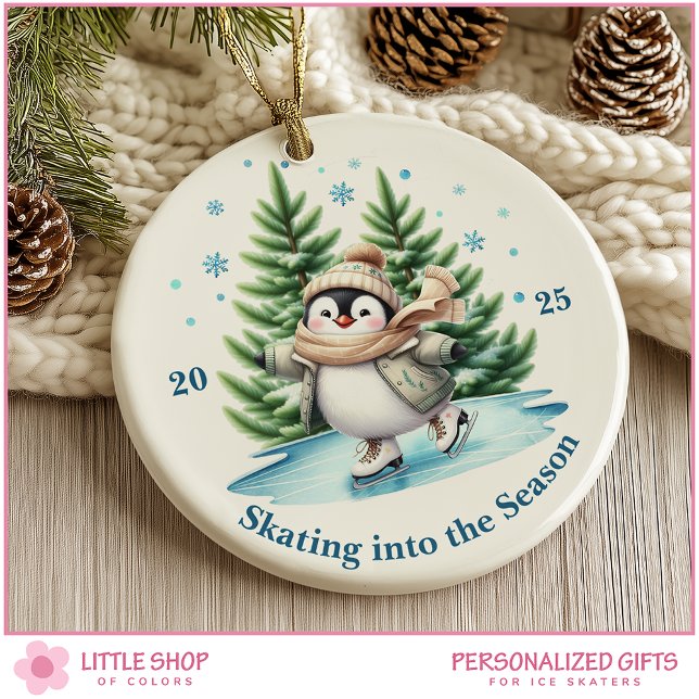 Watercolor Ice Skating Penguin Personalized Ceramic Ornament (Creator Uploaded)