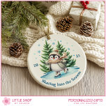 Watercolor Ice Skating Penguin Personalized Ceramic Ornament
