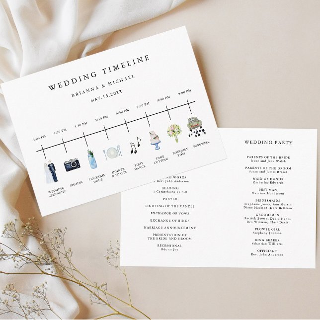 Watercolor Icon Wedding Day Timeline & Ceremony Program (Front & Back)