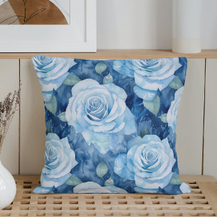 Watercolor Icy Blue Roses Throw Pillow