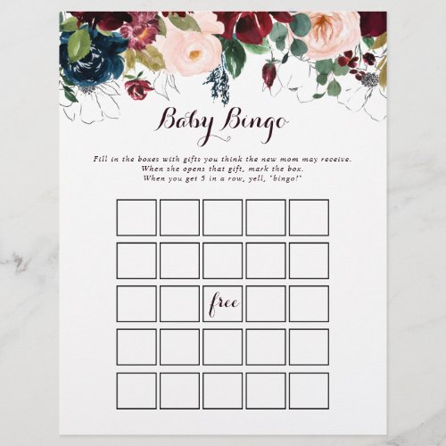 Watercolor Illustrated Baby Bingo Shower Game