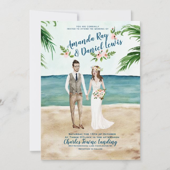 Watercolor Illustrated Beach Wedding Invitation (Front)