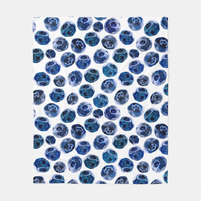 Watercolor illustrated blueberry set pattern fleece blanket (Front)