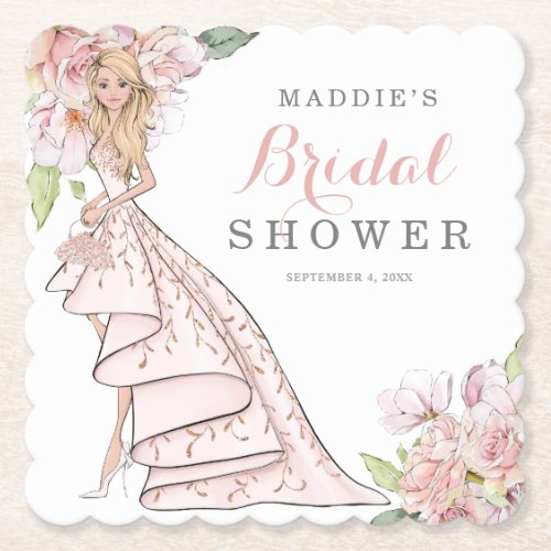 Watercolor Illustrated Bride Bridal Shower Square  Paper Coaster