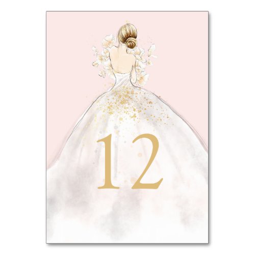 Watercolor Illustrated Bride in Gown Table Number