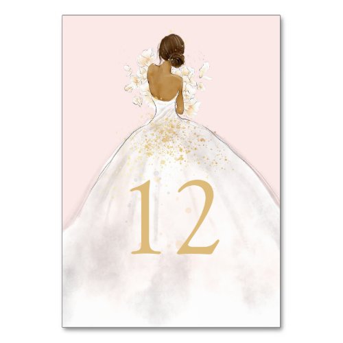 Watercolor Illustrated Bride in Gown Table Number