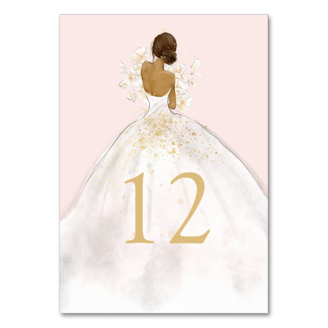 Watercolor Illustrated Bride in Gown Table Number (Front)