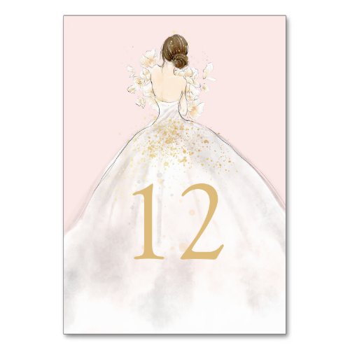Watercolor Illustrated Bride in Gown Table Number