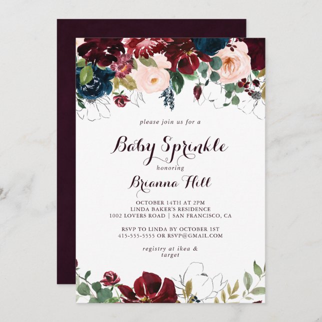 Watercolor Illustrated Calligraphy Baby Sprinkle Invitation (Front/Back)