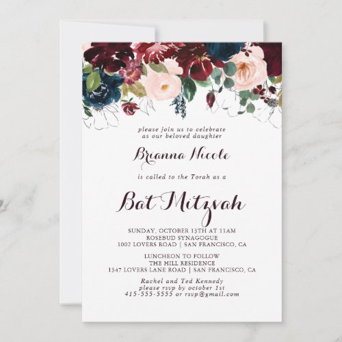 Watercolor Illustrated Calligraphy Bat Mitzvah Invitation