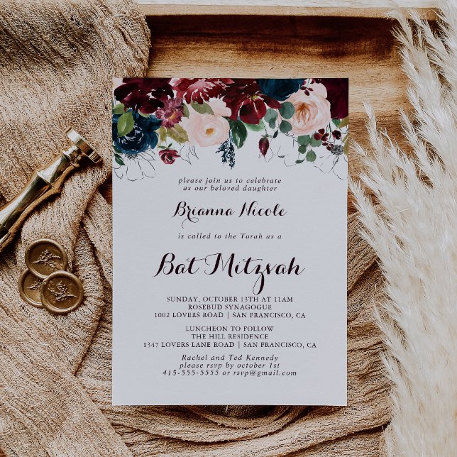 Watercolor Illustrated Calligraphy Bat Mitzvah Invitation (Creator Uploaded)