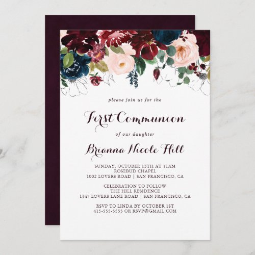 Watercolor Illustrated Calligraphy First Communion Invitation