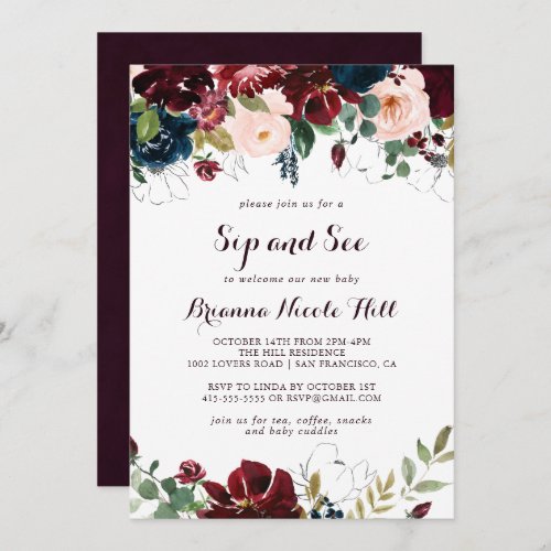 Watercolor Illustrated Calligraphy Sip and See Invitation