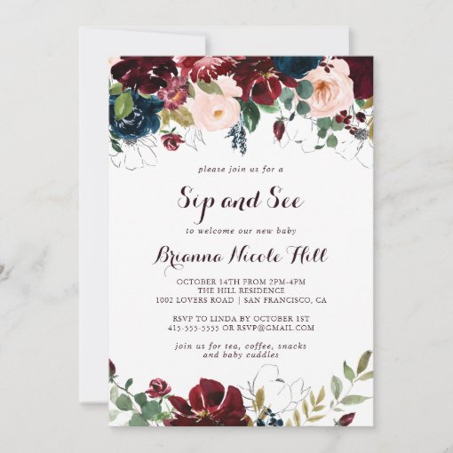 Watercolor Illustrated Calligraphy Sip and See Invitation | Zazzle