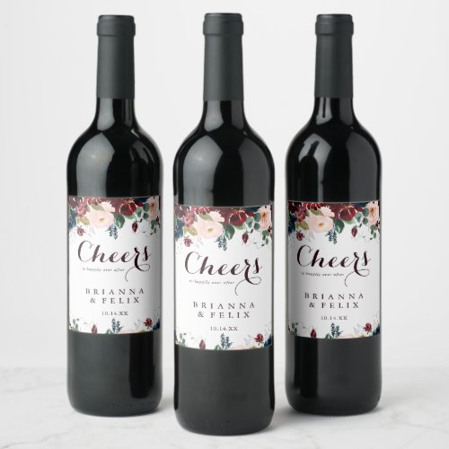 Watercolor Illustrated Fall Floral Cheers Wedding Wine Label