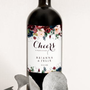 Watercolor Illustrated Fall Floral Cheers Wedding Wine Label