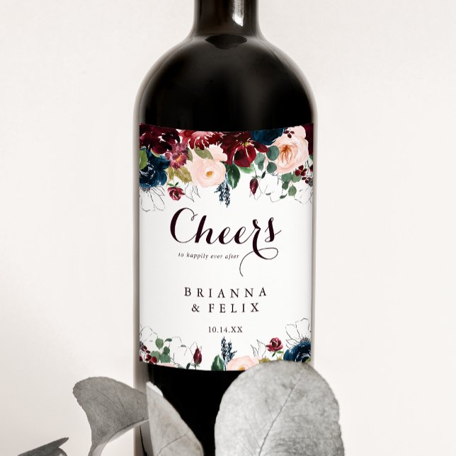 Watercolor Illustrated Fall Floral Cheers Wedding Wine Label (Creator Uploaded)