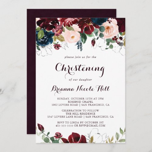 Watercolor Illustrated Fall Floral Christening Invitation