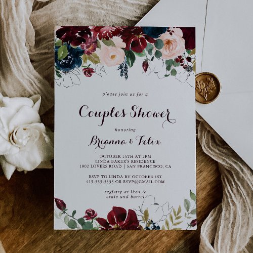 Watercolor Illustrated Fall Floral Couples Shower Invitation