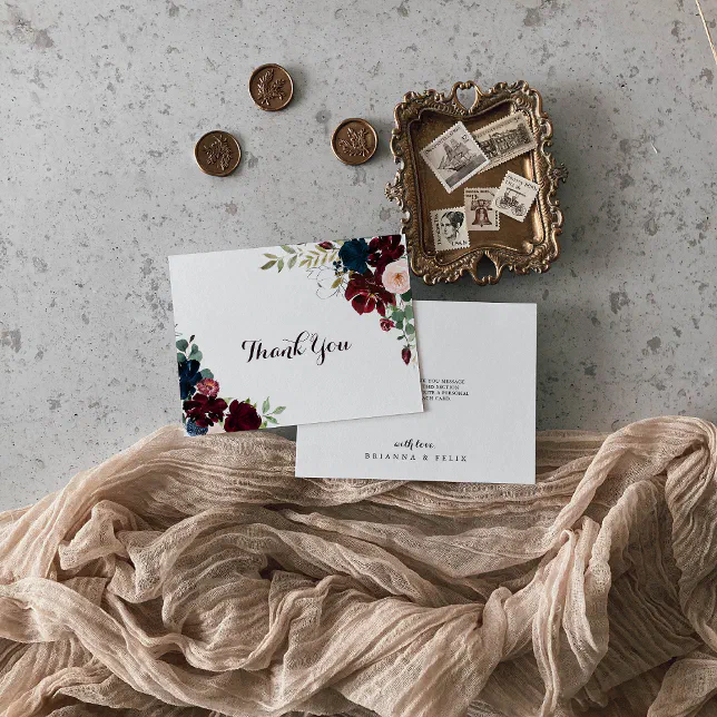 Watercolor Illustrated Fall Floral Flat Wedding Thank You Card | Zazzle