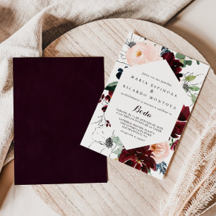 Watercolor Illustrated Fall Floral Spanish Wedding Invitation