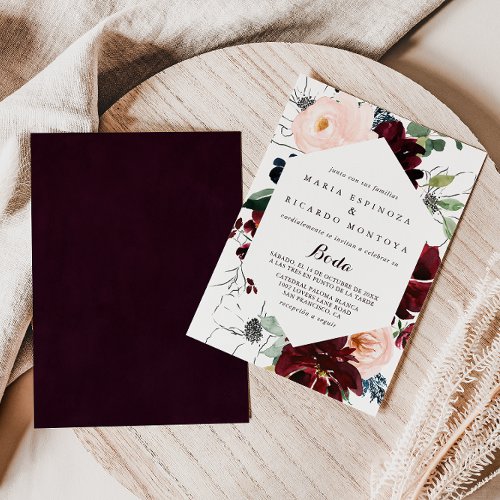 Watercolor Illustrated Fall Floral Spanish Wedding Invitation