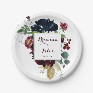 Watercolor Illustrated Fall Floral Wedding Cake Paper Plates