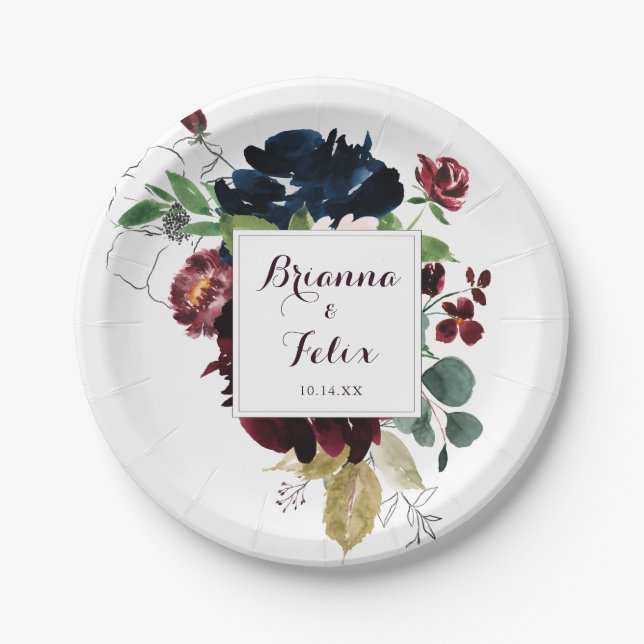 Watercolor Illustrated Fall Floral Wedding Cake Paper Plates (Front)
