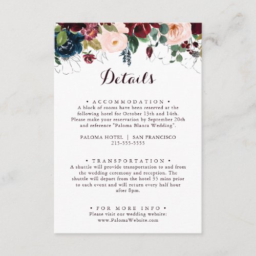 Watercolor Illustrated Fall Floral Wedding Details Enclosure Card