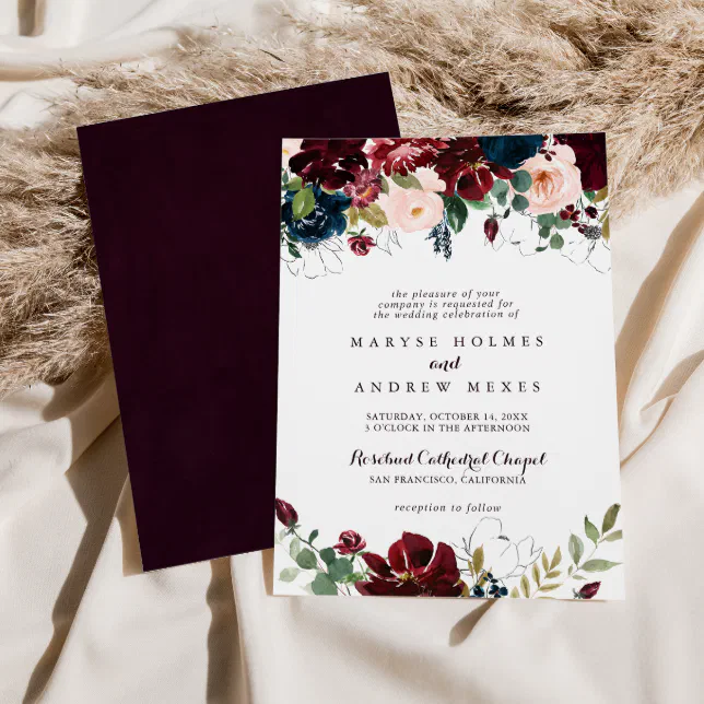 Watercolor Illustrated Fall Floral Wedding Invitation | Zazzle