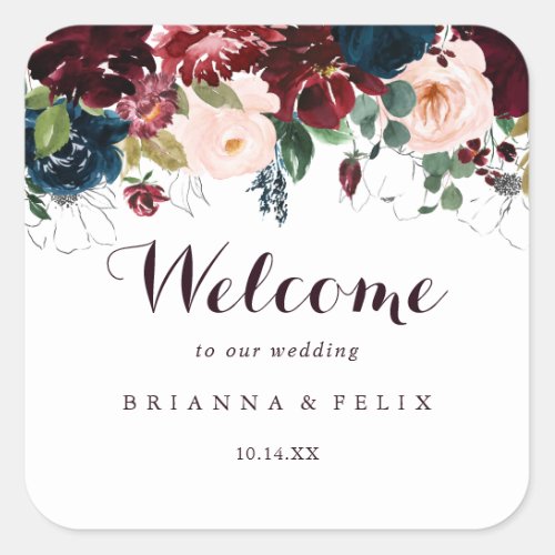 Watercolor Illustrated Fall Floral Wedding Welcome Square Sticker