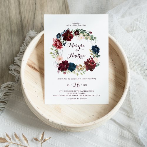 Watercolor Illustrated Fall Floral Wreath Wedding Invitation