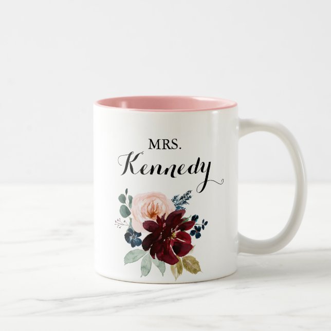 Watercolor Illustrated Fall Mrs Newlywed Bride Two-Tone Coffee Mug (Right)