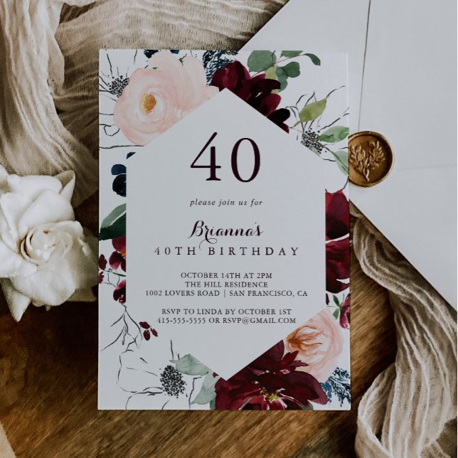Watercolor Illustrated Floral 40th Birthday Party Invitation (Creator Uploaded)