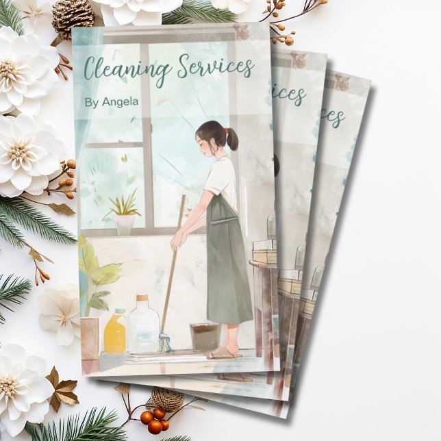 Watercolor Illustrated Maid Cleaning Services Business Card (Creator Uploaded)